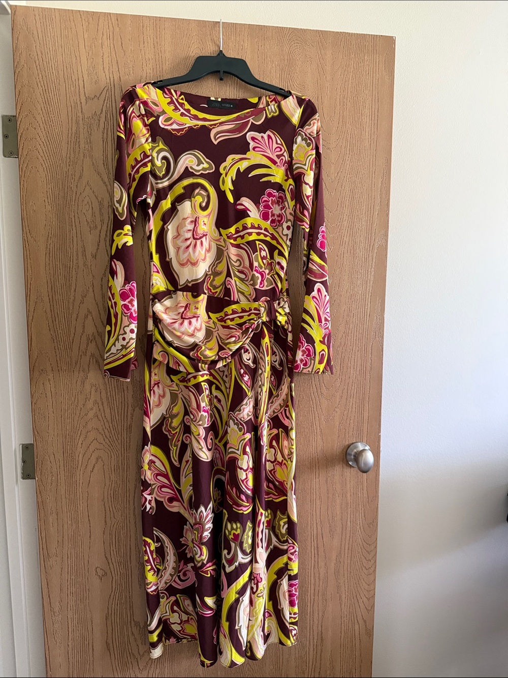 Zara Burgundy Paisley Long Sleeve Midi Dress with Pink and Yellow Accents
